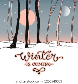 Vector illustration of winter forest with calligraphy text for greeting cards, banners, flyers. Winter  typography poster. Winter forest template.