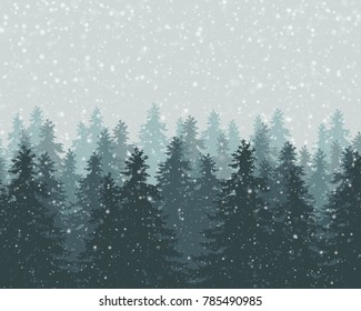 Vector illustration of winter forest with falling snowflakes and gray sky