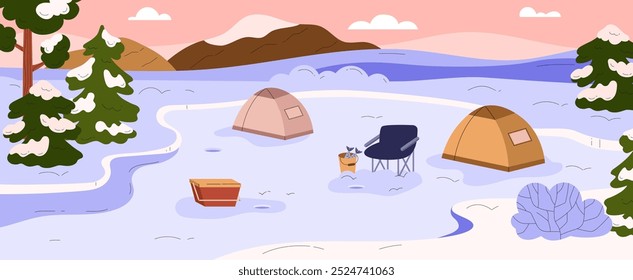 Ilustración vectorial de un bosque invernal con un lago congelado, donde los pescadores instalan carpas y perforan agujeros para pescar. Pesca en el hielo. Ilustración plana de dibujos animados sobre un fondo aislado.