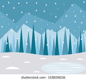 Vector Illustration Winter. With forest and mountain. One of them has lake.
