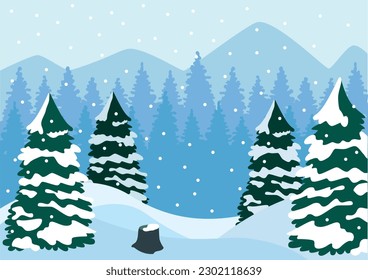 vector illustration of winter forest. Pines on snowy meadow. Natural landscape in cartoon style