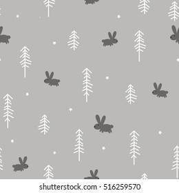 Vector illustration of a Winter Forest with a Rabbit