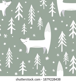 Vector illustration of a Winter Forest Seamless Pattern with cartoon trees and foxes.