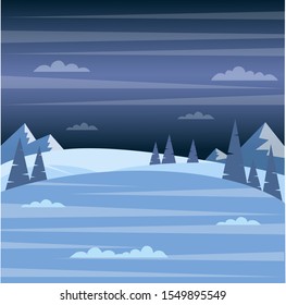 Vector illustration of a winter forest in the snow at night