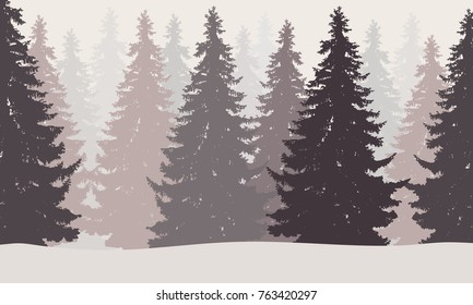 Vector illustration of a winter forest with snow and hazy backgrounds