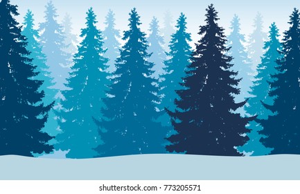 Vector illustration of winter forest with snow and mist, suitable as Christmas greeting card