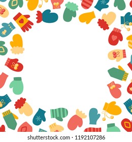 Vector illustration: winter frame: blue, red and yellow gloves and  mittens  isolated on white background. Decorative border for Christmas greeting cards, lists, paper, scrapbooking
