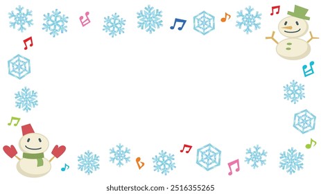 ilustração vetorial do quadro de inverno - boneco de neve e flocos de neve e nota musical - formato paisagem