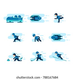 Vector illustration of winter games. Athletes doing different kinds of sports. Winter sports icons isolated on white background