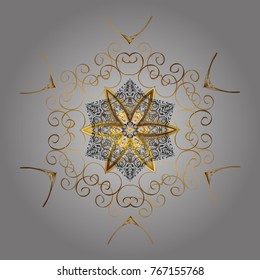 Vector illustration. Winter gray and yellow christmas snow flat crystal element. Snowflake vector icon background. Xmas frost snow flake isolated silhouette symbol. Weather illustration ice collection