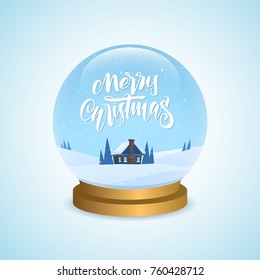 Vector illustration: Winter greeting snow globe with cartoon house and handwritten type lettering of Merry Christmas