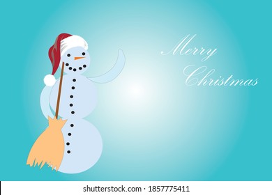 Vector illustration of a winter with a greeting snowman, Christmas snow background santa clouse hat