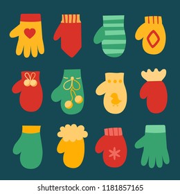 Vector illustration: winter hand clothes: blue, red and yellow gloves and  mittens  isolated on dark background. Decorative elements for Christmas greeting cards, fabrics, wallpapers, wrapping paper
