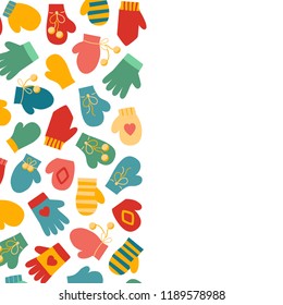 Vector illustration: winter hand clothes: blue, red and yellow gloves and  mittens in a left part of a blank isolated on white background. Decorative elements for Christmas greeting cards, paper lists