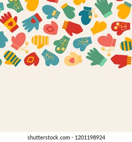 Vector illustration: winter hand clothes: blue, red and yellow gloves and  mittens  isolated on creamy background. Decorative elements for Christmas greeting cards, posters, scrapbook, wrapping paper
