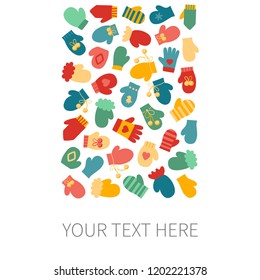 Vector illustration: winter hand clothes: blue, red and yellow gloves and  mittens  isolated on white background. Decorative elements for Christmas greeting cards, fabrics, wallpapers, wrapping paper
