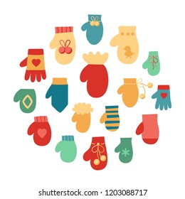 Vector illustration: winter hand clothes: blue, red and yellow gloves and  mittens  isolated on white background. Decorative elements for Christmas greeting cards, posters, postcards, scrapbooking
