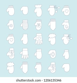 Vector illustration: winter hand clothes: white linear gloves and  mittens  isolated on white background. Decorative elements for Christmas greeting cards, fabrics, wallpapers, wrapping paper
