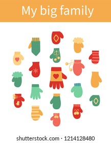 Vector illustration: winter hand clothes: blue, red and yellow gloves and  mittens  isolated on white background. Decorative elements for Christmas  greeting cards, posters, postcards, scrapbooking