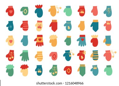 Vector illustration: winter hand clothes: blue, red and yellow gloves and  mittens  isolated on white background. Decorative elements for Christmas greeting cards, fabrics, wallpapers, wrapping paper
