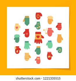 Vector illustration: winter hand clothes: blue, red and yellow gloves and  mittens  isolated on white background. Decorative elements for Christmas greeting cards, fabrics, wallpapers, wrapping paper
