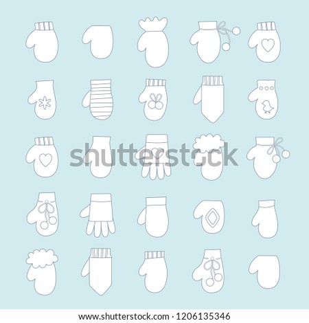 Vector illustration: winter hand clothes: white linear gloves and  mittens  isolated on white background. Decorative elements for Christmas greeting cards, fabrics, wallpapers, wrapping paper
