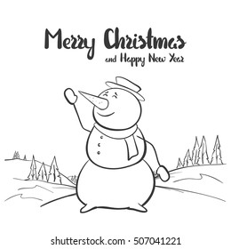 Vector illustration: Winter hand drawn sketch with snowman on landscape background. Merry Christmas and Happy New year.