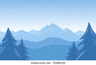 Vector illustration: Winter Hand Drawn Mountains snowy landscape