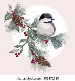 Vector illustration in winter for Happy New Year and Merry Christmas cards. A beautiful hand drawn illustration with a cute bird on a branch.