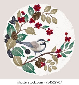  Vector illustration in winter for Happy New Year and Merry Christmas cards. A beautiful hand drawn illustration with a cute bird on a branch. 