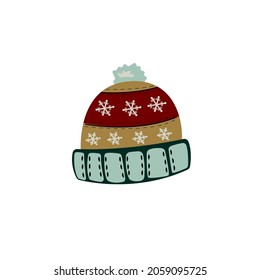 Vector illustration of a winter hat with snowflakes. Isolated hand drawn winter clothing design for logo, icon, postcard, card, banner.