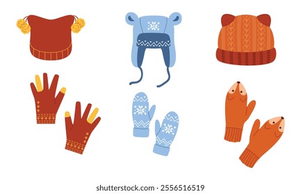 Vector illustration of winter hats and gloves in cozy colors. Cute and warm winter accessories for kids and adults. Perfect for seasonal design, holiday cards, and festive decorations.