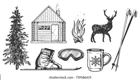 Vector Illustration Of Winter Hiking Camp Tourism Icons Set. Fir Tree, Wooden Forest House Of A Forester, Fire, Bonfire, Deer Silhouette, Ski, Skiing Mask, Mulled Wine Cup With Snowflake, Skiing Poles