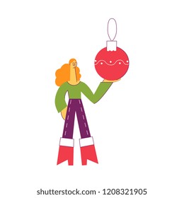 Vector illustration of winter holiday element - young smiling woman holding big red Christmas tree decorative ball isolated on white background. Flat female character with New Year symbol.