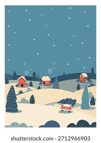 Ilustración vectorial de vacaciones de invierno en la nieve de la montaña. Feliz año nuevo 2026. Feliz Navidades.