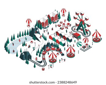 Vector illustration of winter holiday. People go skiing, skating, visiting attractions, visiting local shops, playing snowballs, launching balloons. For a poster or banner and greeting card.
