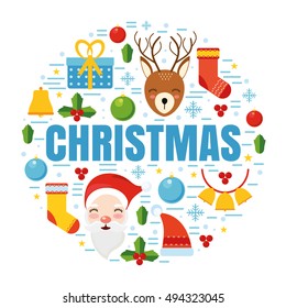 Vector illustration of winter. Holiday set. Flat design. Merry Christmas and Happy New Year. Santa Claus and reindeer.
