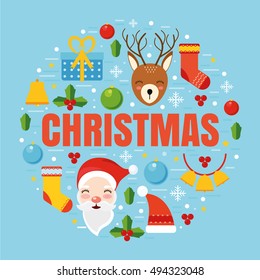 Vector illustration of winter. Holiday set. Flat design. Merry Christmas and Happy New Year. Santa Claus and reindeer.