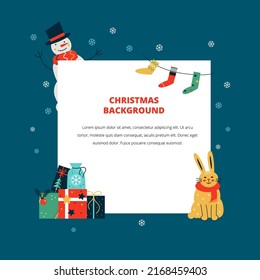 Vector illustration with winter holidays background. Concept with colorful Christmas gifts, rabbit and snowman.