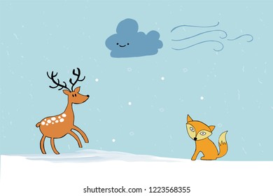 Vector illustration for winter holidays. Calligraphy, icon,poster. Vector illustration on blue gradient background, reindeer, snow cloud and fox.