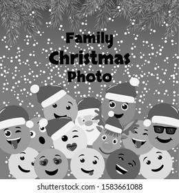 Vector illustration. Winter holidays card. Christmas theme. Happy cartoon faces in funny Christmas caps. Comic family selfie in monocromo.