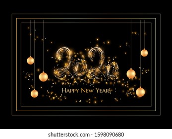 Vector illustration. Winter holidays greeting card. Golden sign Happy New Year 2020 on the black background with glitter confetti.
