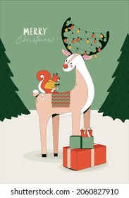 Vector illustration. Winter holidays greeting card with a reindeer, squirrel, presents and Christmas lights.  Forest landscape festive drawing. Happy new year 2022.