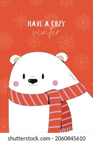 Vector illustration. Winter holidays greeting card with a cute white bear in scarf on the red minimalistic background with snowflakes seamless pattern.  Festive drawing. Happy new year 2022.
