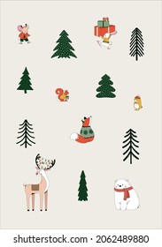 Vector illustration. Winter holidays greeting card with animals in sweaters. Reindeer, fox, polar bear, squirrel, mice, hamster, rabbit with presents. Forest festive drawing. Happy new year 2022.