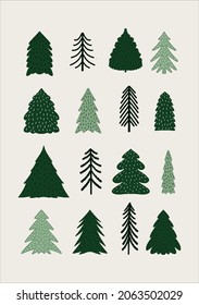 Ilustración vectorial. Tarjeta de saludo de vacaciones de invierno con diferentes árboles de Navidad de siempre verde.  Dibujo festivo del paisaje de los bosques de pinos y abetos. Feliz año nuevo 2022.