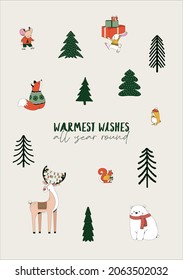 Vector illustration. Winter holidays greeting card with animals in sweaters. Reindeer, fox, polar bear, squirrel, mice, hamster, rabbit with presents. Forest festive drawing. Happy new year 2022.