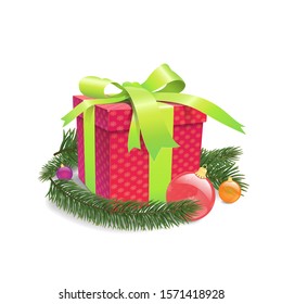 The vector illustration for the winter holidays is isolated on a white background. There is a red gift box with a green ribbon, fir branches, and Christmas balls.