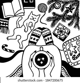 Vector illustration of winter holidays. Merry Christmas and Happy New Year! Home living room interior, cozy rug with pet cat and coffee. Black and white ink drawing. Drawings for postcard and poster