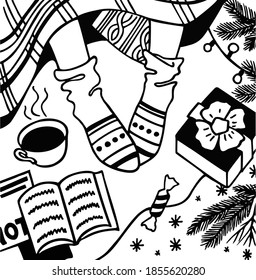 Vector illustration of winter holidays. Merry Christmas and Happy New Year! Home living room interior, cozy rug with books, christmas tree and coffee. Black and white ink drawing. For postcard and pos